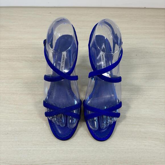Manolo Blahnik Womens 36.5 Blue Velvet Crossover Strappy Stiletto Heels Open Toe - Picture 1 of 7